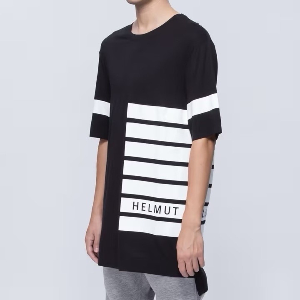 Helmut Lang Logo Oversized T-Shirt Black‎ White Striped Spell Out Sz L